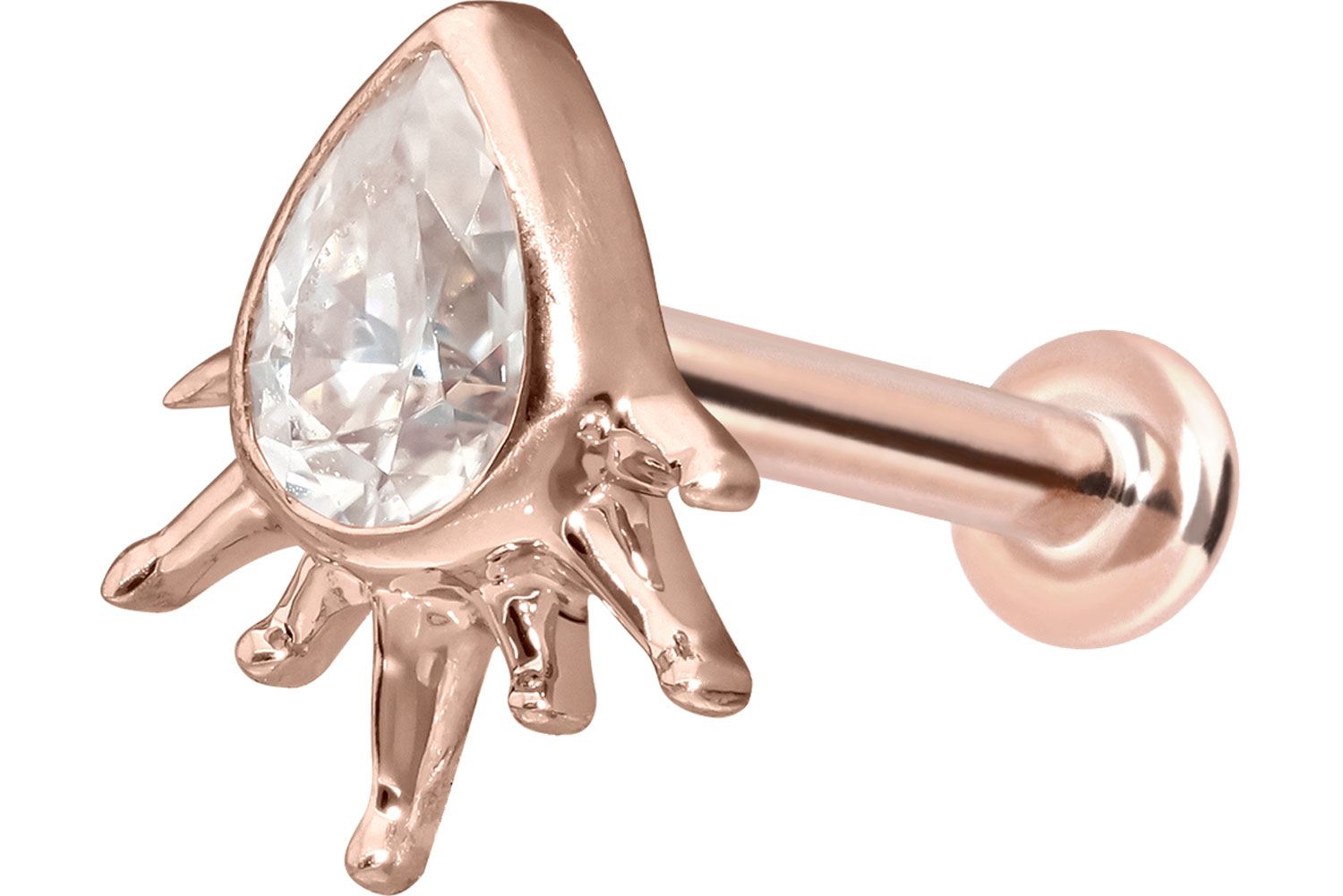 14 Karat Gold Labret Piercing mit Push Fit MOISSANIT-TROPFEN + SONNENSTRAHLEN